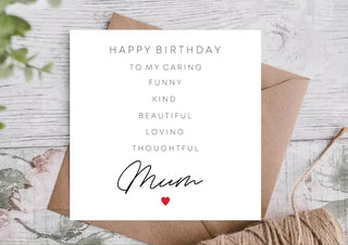 Happy Birthday to My Caring Funny Kind Beautiful Loving Thoughtful Mum Card / Happy Birthday Card / Card for Mom / Mother Card